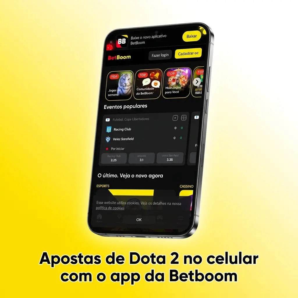 Apostando em Dota 2 no celular pelo app Betboom, com odds, bilhetes, mercados e acompanhamento dos mapas