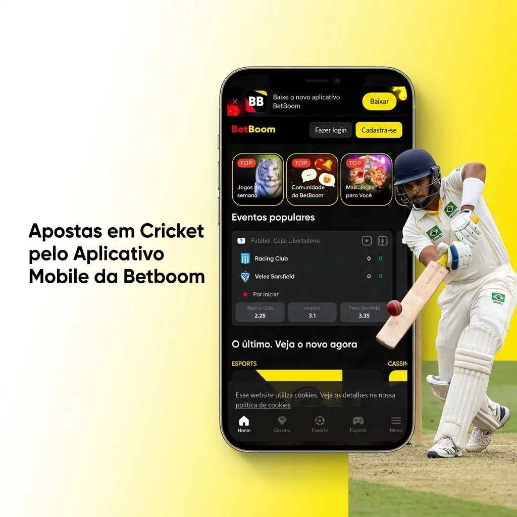 Tela do app móvel Betboom com mercados de apostas em cricket, odds ao vivo e opções de download para Android e iOS