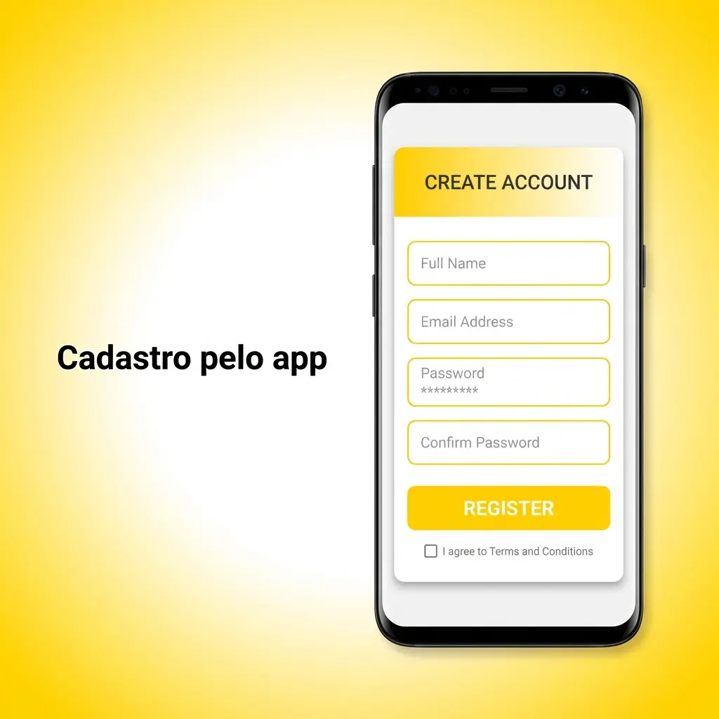 Passo a passo de cadastro pelo app: tocar em Cadastrar, criar senha, preencher dados, aceitar termos e validar conta