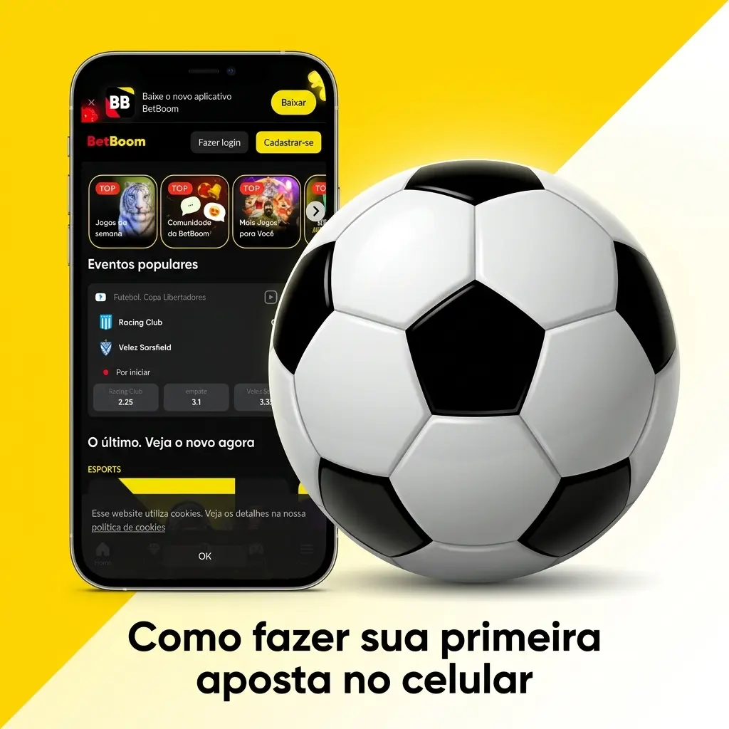 Passo a passo da primeira aposta no celular: login Betboom, escolher esporte, tocar cotação, definir valor e confirmar