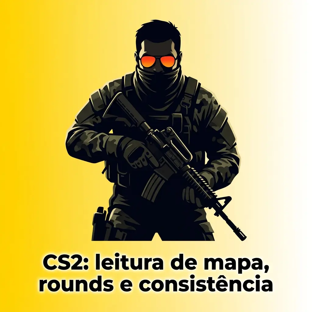 Diagrama de CS2 sobre leitura de mapa, economia por rounds e consistência, com torneios PGL Major e ESL Pro League