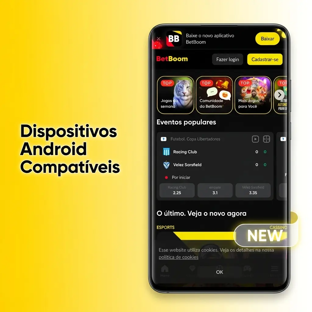 Dispositivos Android compatíveis com o app Betboom: Samsung, Motorola, Xiaomi, LG, Nokia, Realme e Positivo