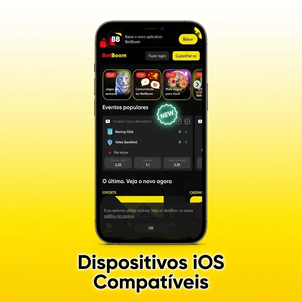 Lista de dispositivos iOS compatíveis com o aplicativo Betboom, incluindo iPhones X ao 15 e iPads Air, Pro e Mini.
