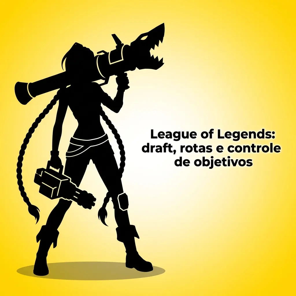 Draft de League of Legends mostrando rotas e controle de objetivos no mapa, com foco em early game e lutas em equipe