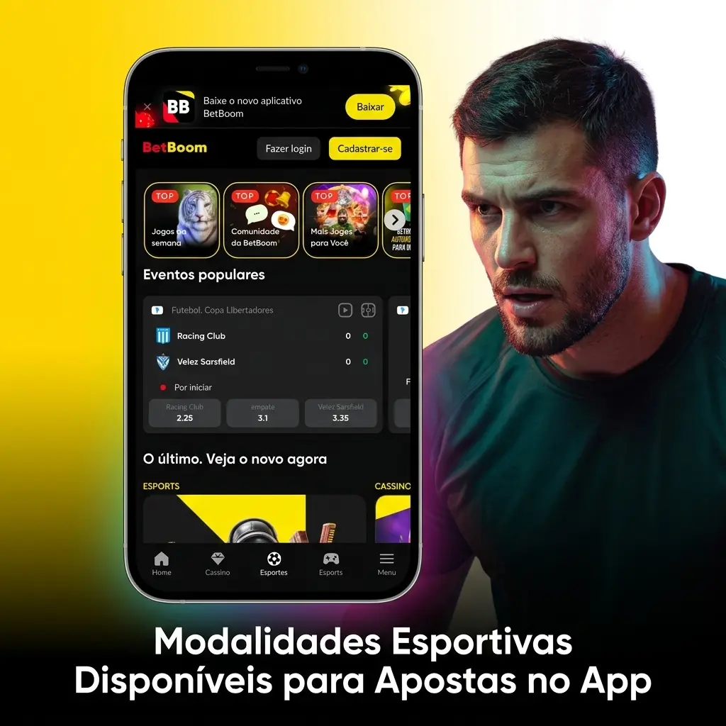 Modalidades esportivas disponíveis no app Betboom: futebol, basquete, tênis, MMA, vôlei, esports e mais
