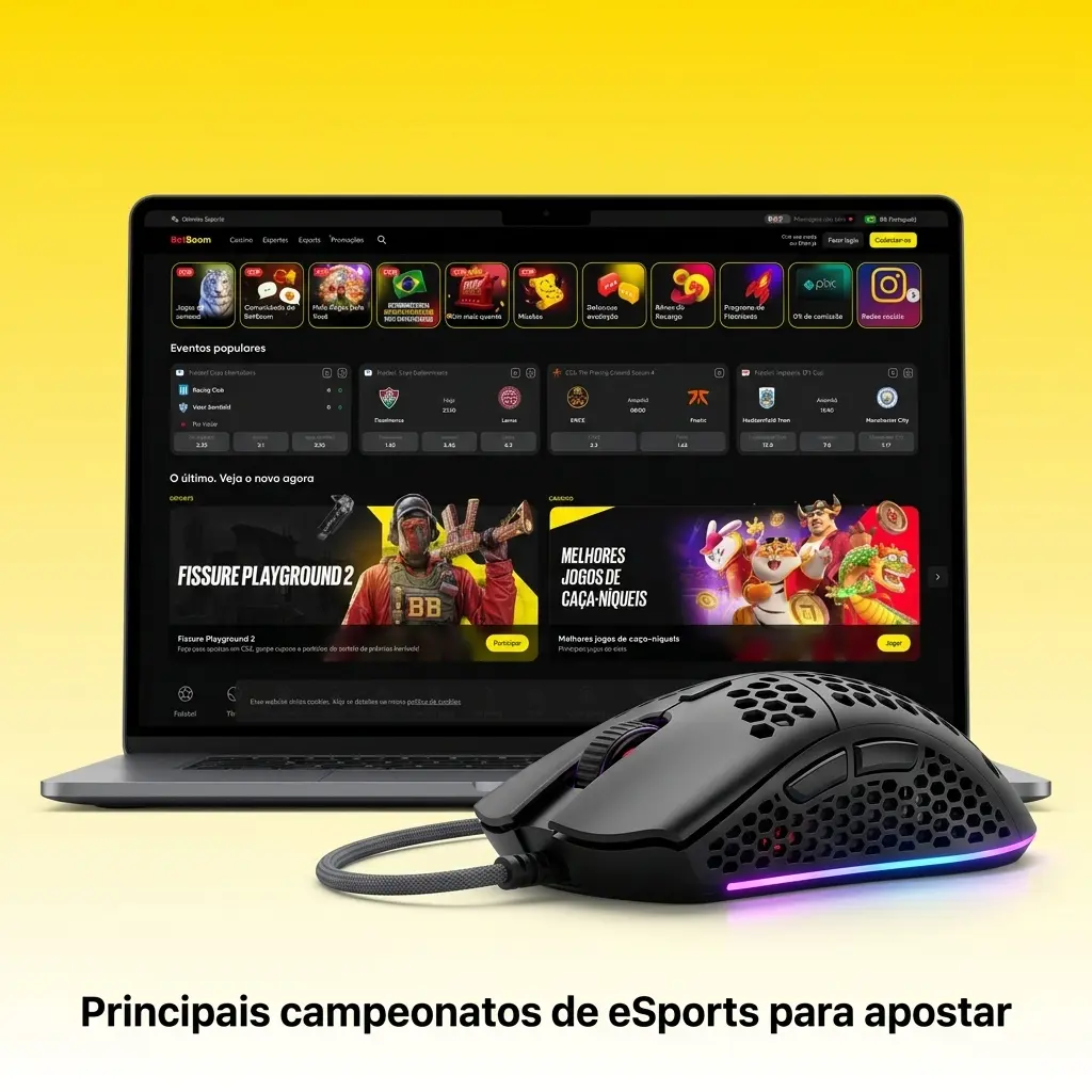 Tabela com jogos de eSports e principais torneios para apostas, como CS2 Major, Worlds LoL, The International e VCT