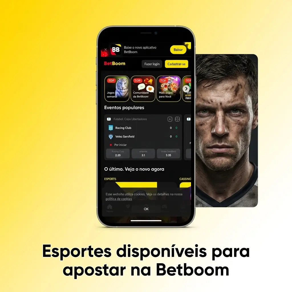 Tela do app Betboom com esportes para apostar, pré-jogo e ao vivo: futebol, basquete, tênis, vôlei e MMA