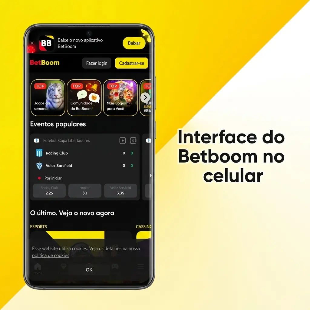 Interface do Betboom no celular com botões grandes, menus curtos e acesso rápido a esportes, cassino e bilhete de aposta