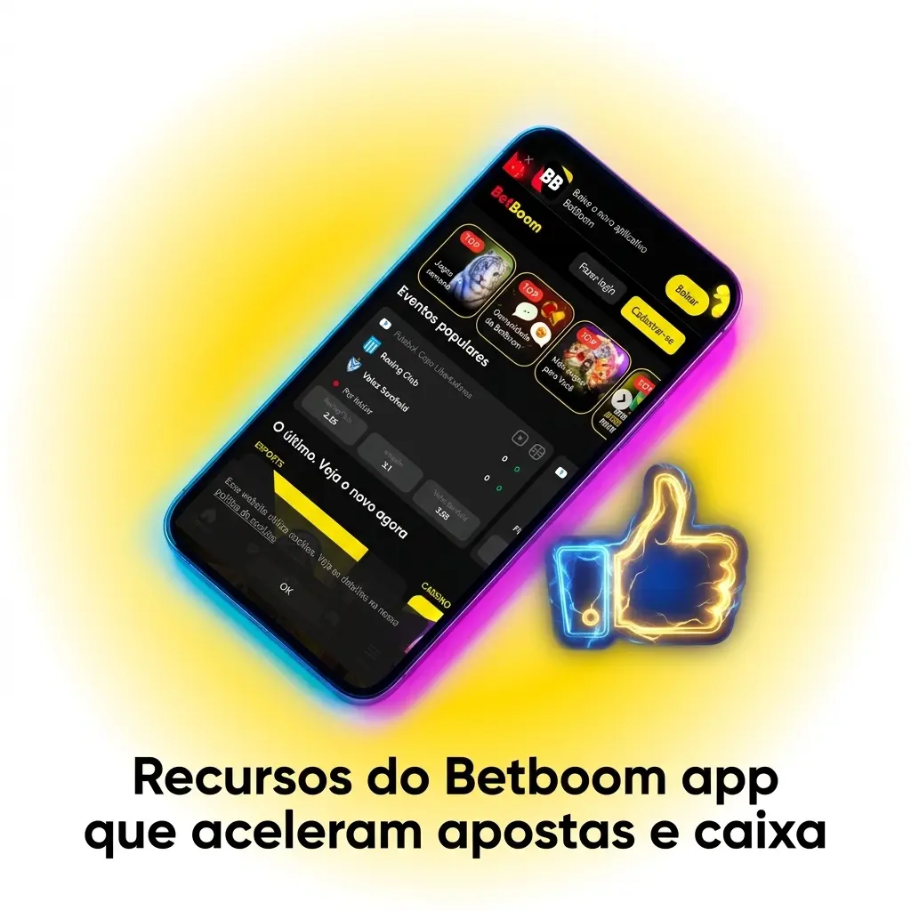 Tela do Betboom app com favoritos, apostas ao vivo, categorias de cassino, caixa visível e histórico de transações