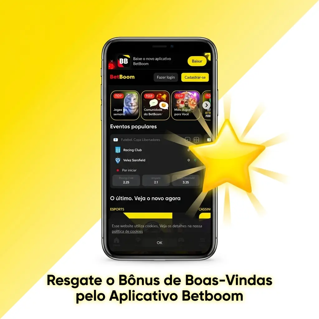 Aplicativo Betboom no celular com bônus de boas-vindas sendo resgatado via app Android e iOS